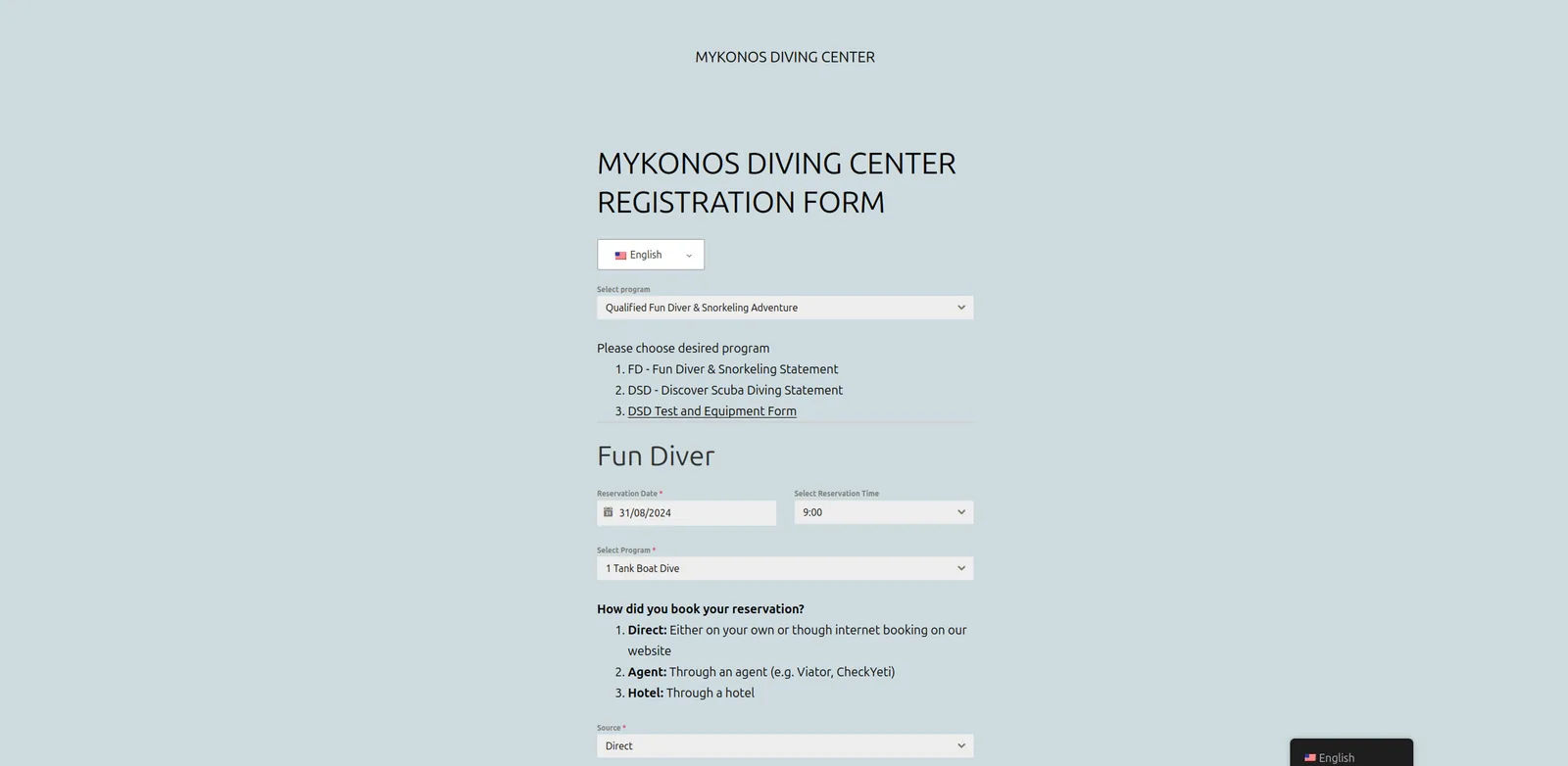 The Mykonos Diving Center registration form in English, opened at the Fun Diver section with reservation date, time, programme and booking source fields.