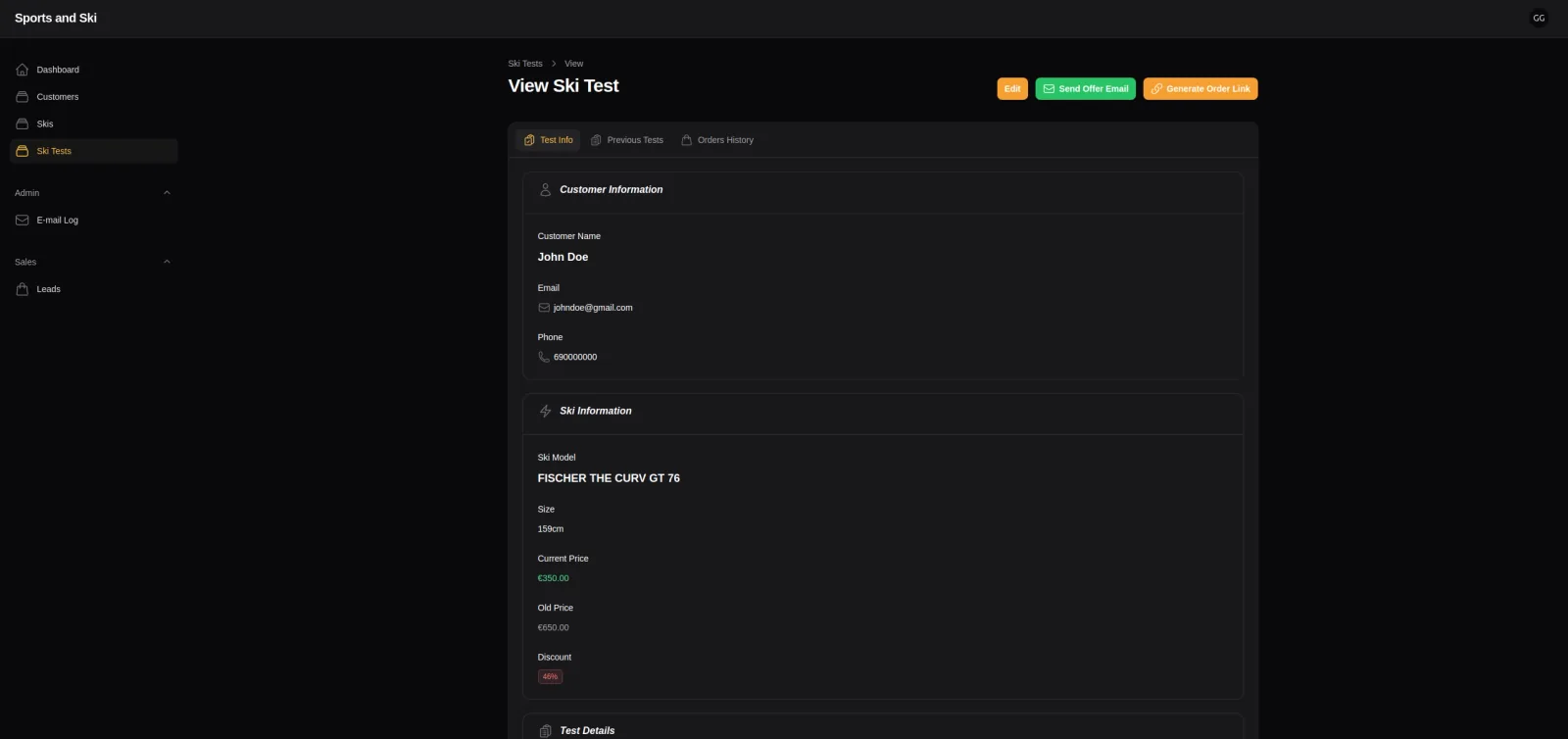 A ski test record showing the customer, the ski model, current and previous price, and buttons to send an offer email or generate an order link.