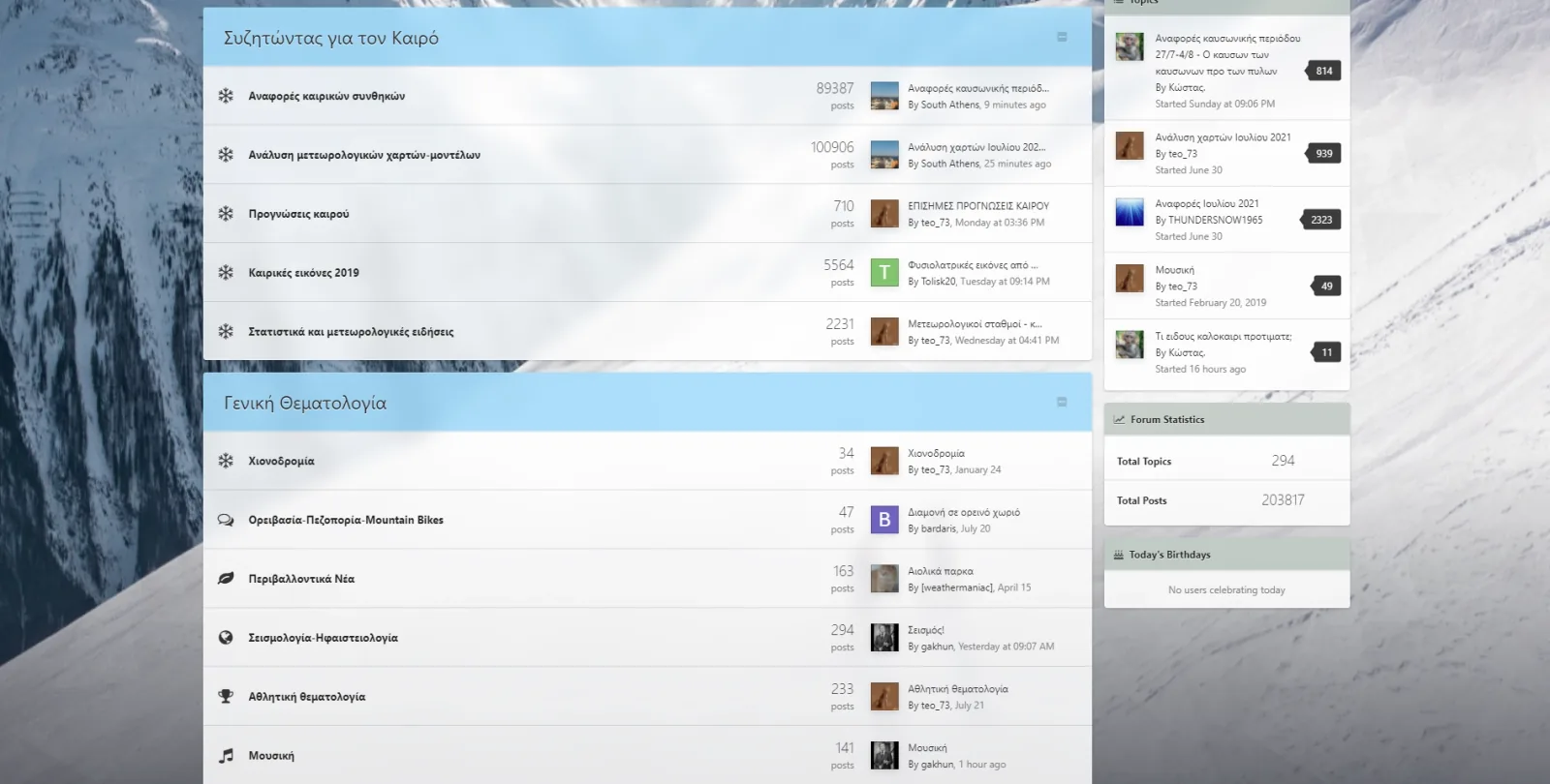 The WeatherClub forum index in Greek, listing weather discussion boards with post counts over a snow-covered mountain background.